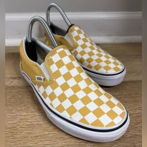Vans Classic Slip-On Skateboarding Sneakers in Yellow & White Checkered Print